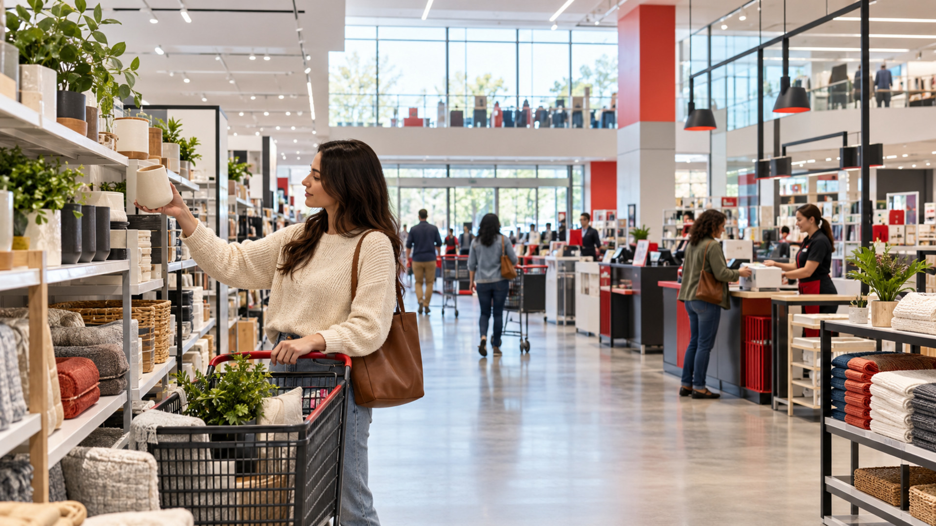 Wide view of a shopper selecting a product in a bright home-goods retailer, with staffed checkouts and other customers visible across the store.
