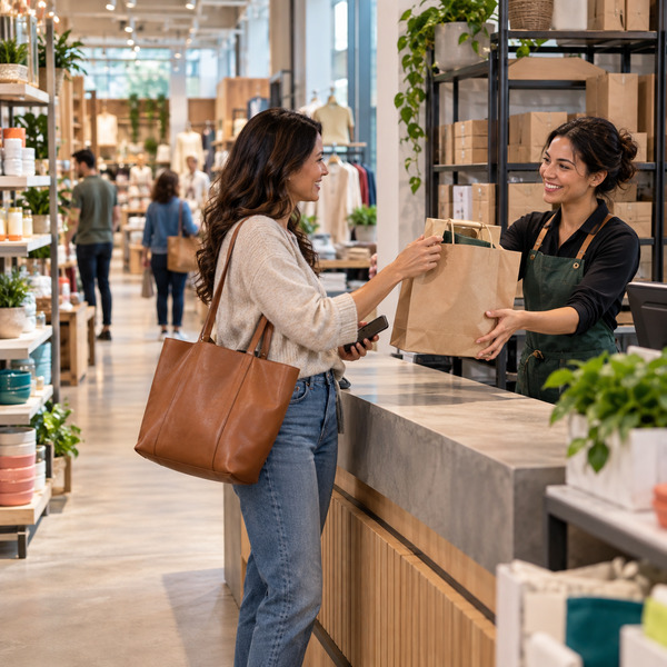 A retail employee hands a prepared shopping bag to a customer at a click-and-collect counter, with the active store visible behind them.
