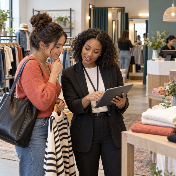 A retail associate uses a tablet while helping a shopper among clothing and home-product displays.