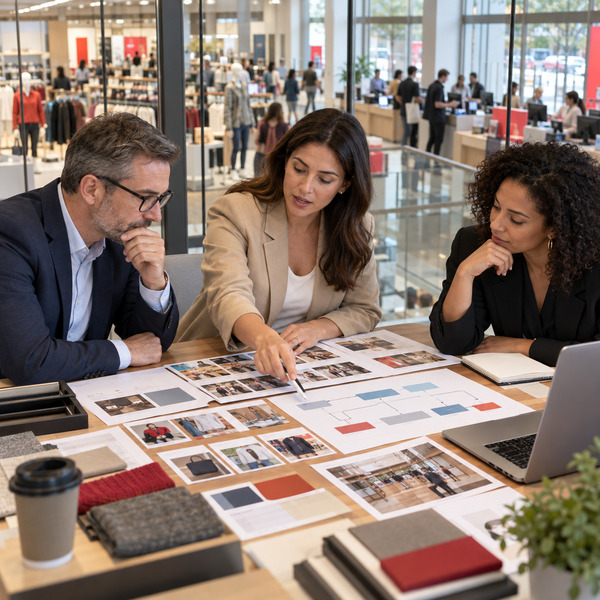 Three business and technology leaders compare journey and design materials in a workspace overlooking an active retail floor.