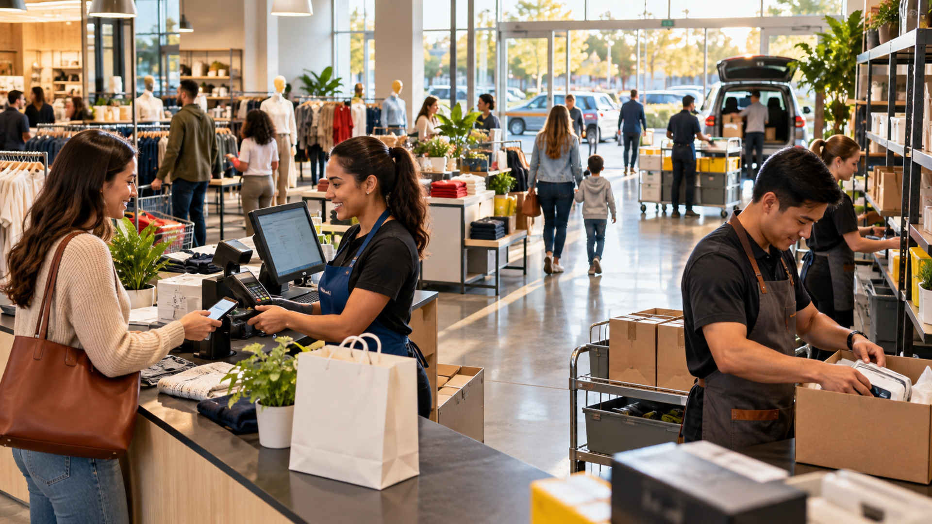 Wide view of a retailer where employees assist customers at checkout and prepare orders in a connected fulfillment area.
