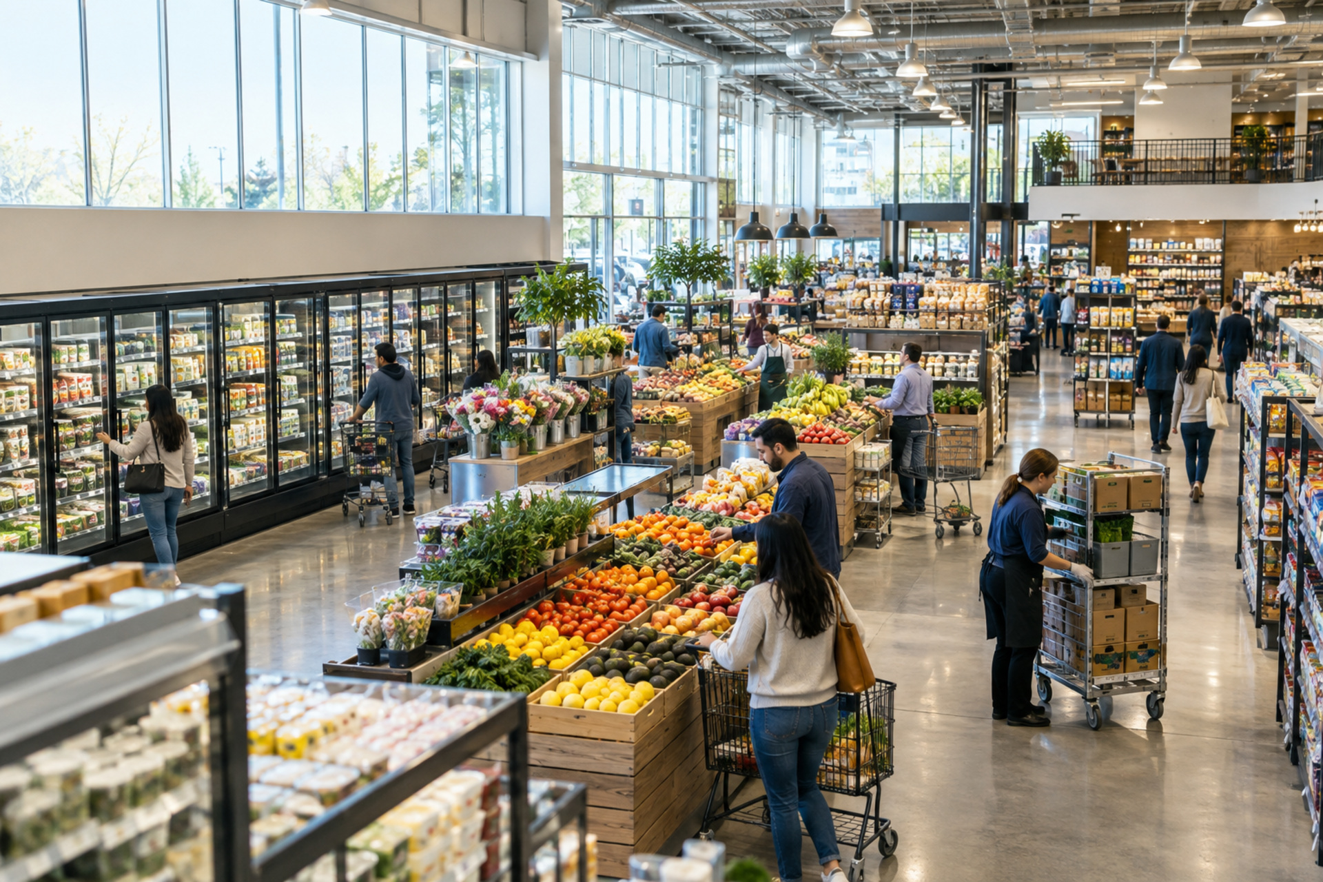 Wide view of a modern grocery retailer with shoppers, store associates, produce, refrigerated aisles and replenishment activity.