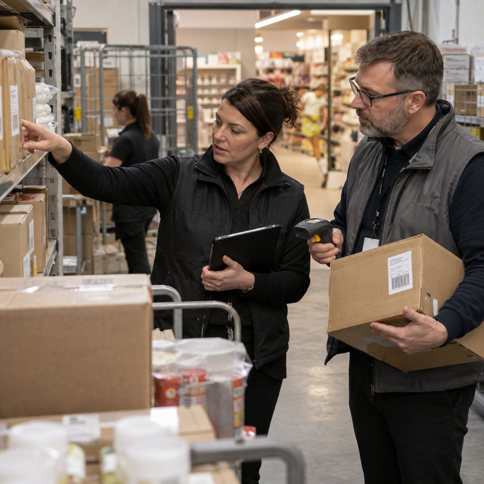 A retail operations lead and data specialist examine inventory and scan cartons in a store receiving area.