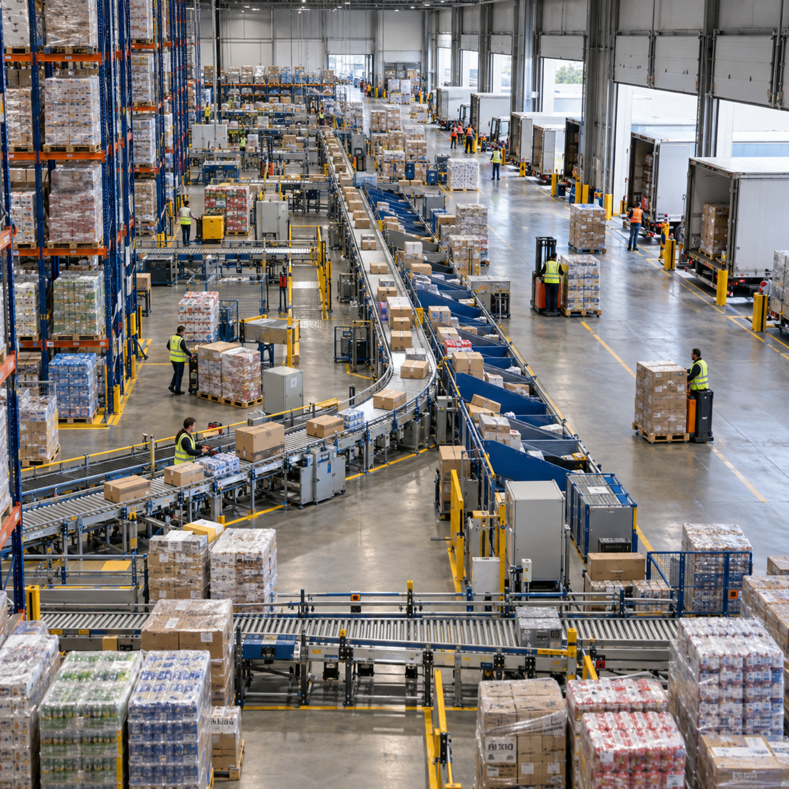 High-angle view of a retail distribution hub with storage, conveyors, loading lanes and teams coordinating product flow.
