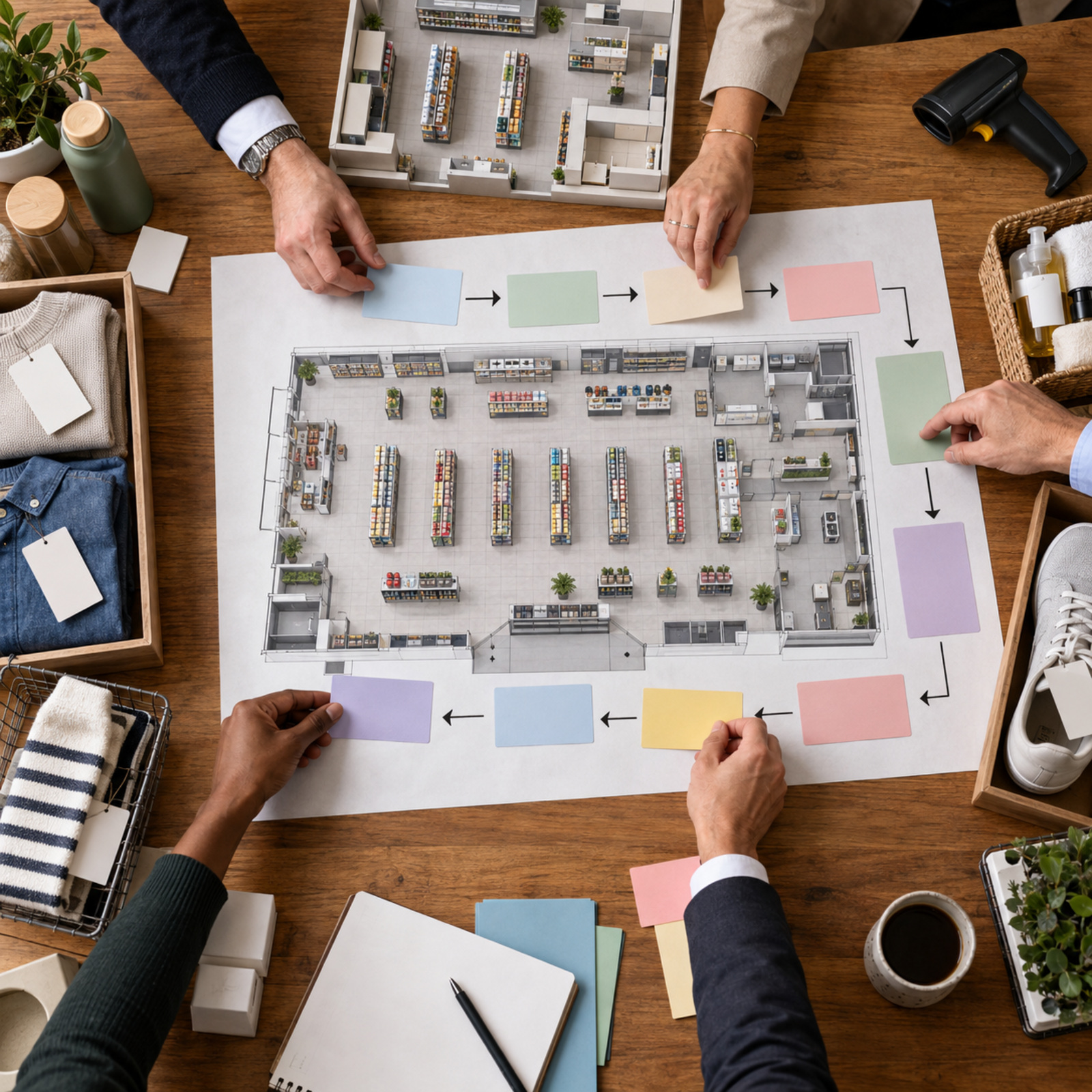 Hands arrange planning cards around a detailed retail floor map beside a barcode scanner and product samples.