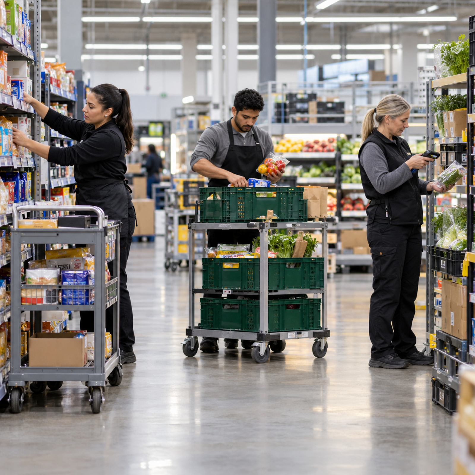 Store associates handle shelf replenishment, order preparation and stock checks in a grocery fulfillment area.