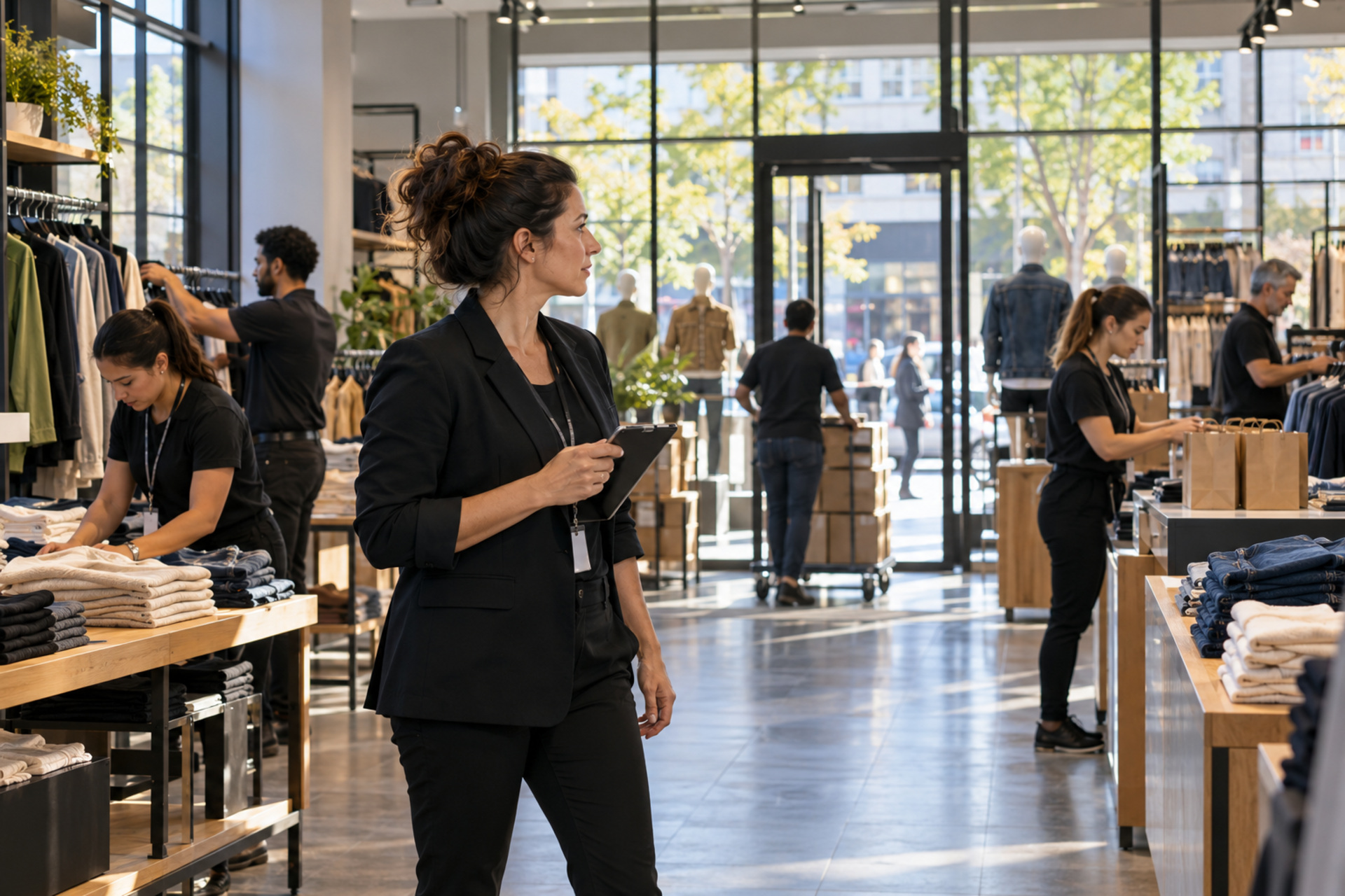 A retail department lead coordinates teams serving shoppers, restocking products and preparing orders in a bright store.