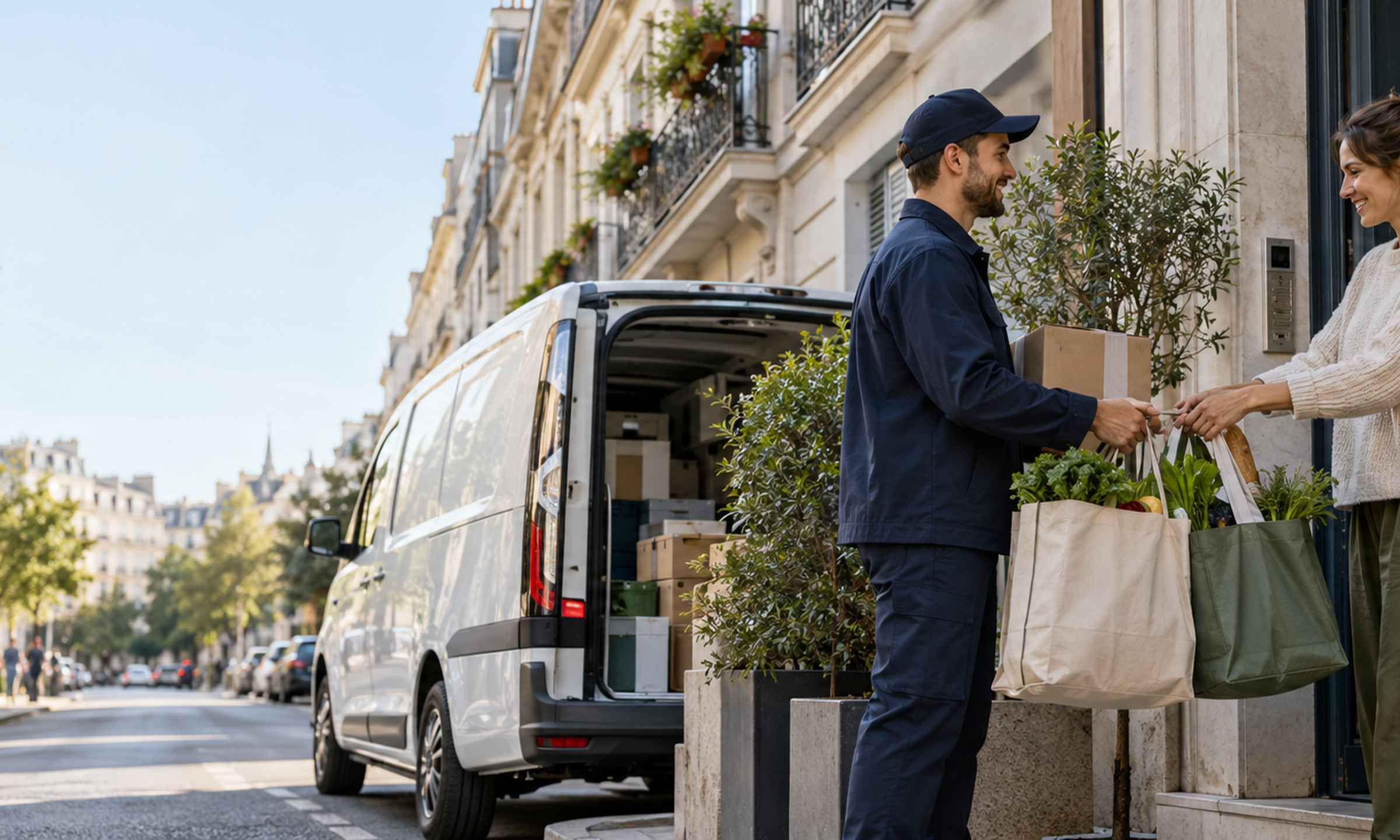 An unbranded retail courier hands reusable grocery bags and a parcel to a customer outside a city apartment, with an electric delivery van parked behind them.