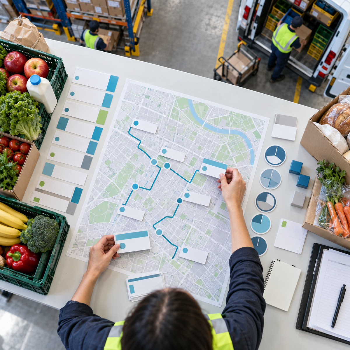 Overhead view of hands arranging blank delivery-day cards on a city route map beside crates of fresh groceries in a retail fulfillment hub.