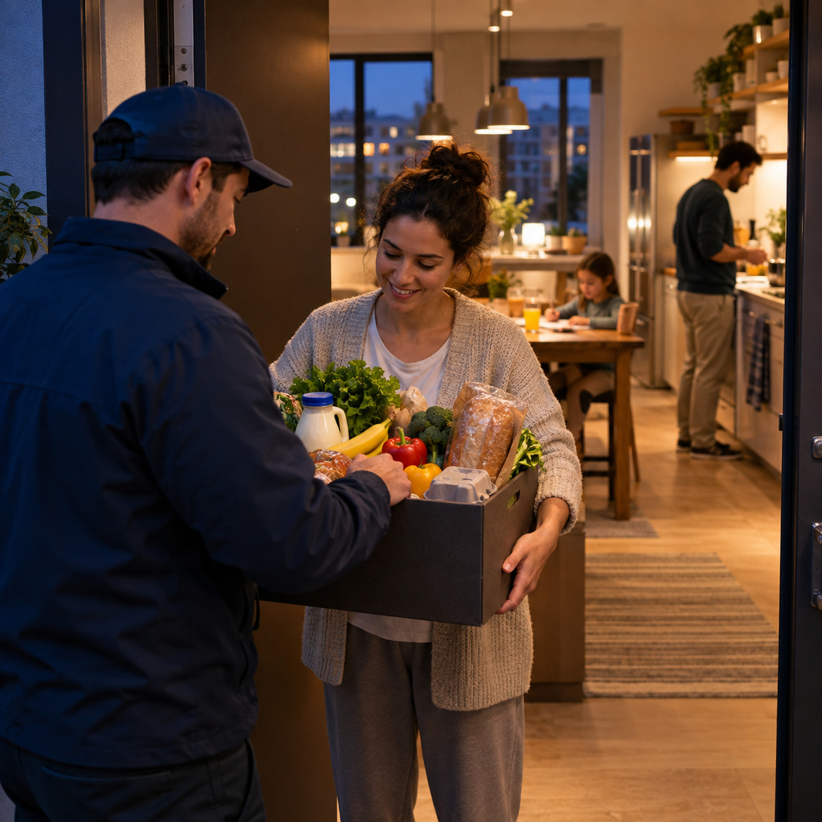 A grocery courier delivers a crate of food to a parent at an apartment in the evening, with the household visible in the background.