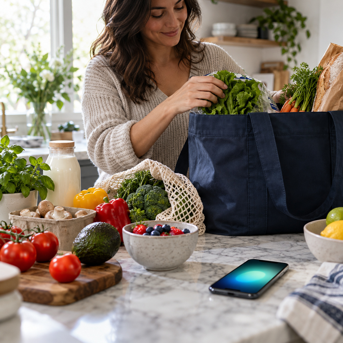 A customer unpacks fresh groceries at a kitchen counter beside a smartphone with a soft, unreadable confirmation glow.