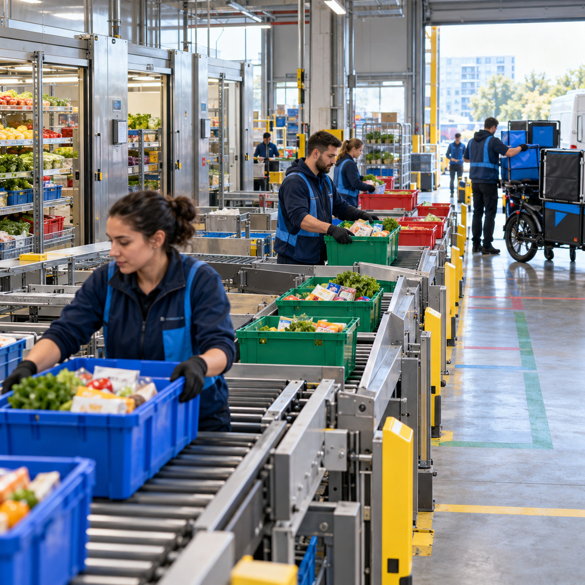 Retail fulfillment workers route color-coded grocery totes through distinct dispatch lanes, with a cargo bike near the loading area.