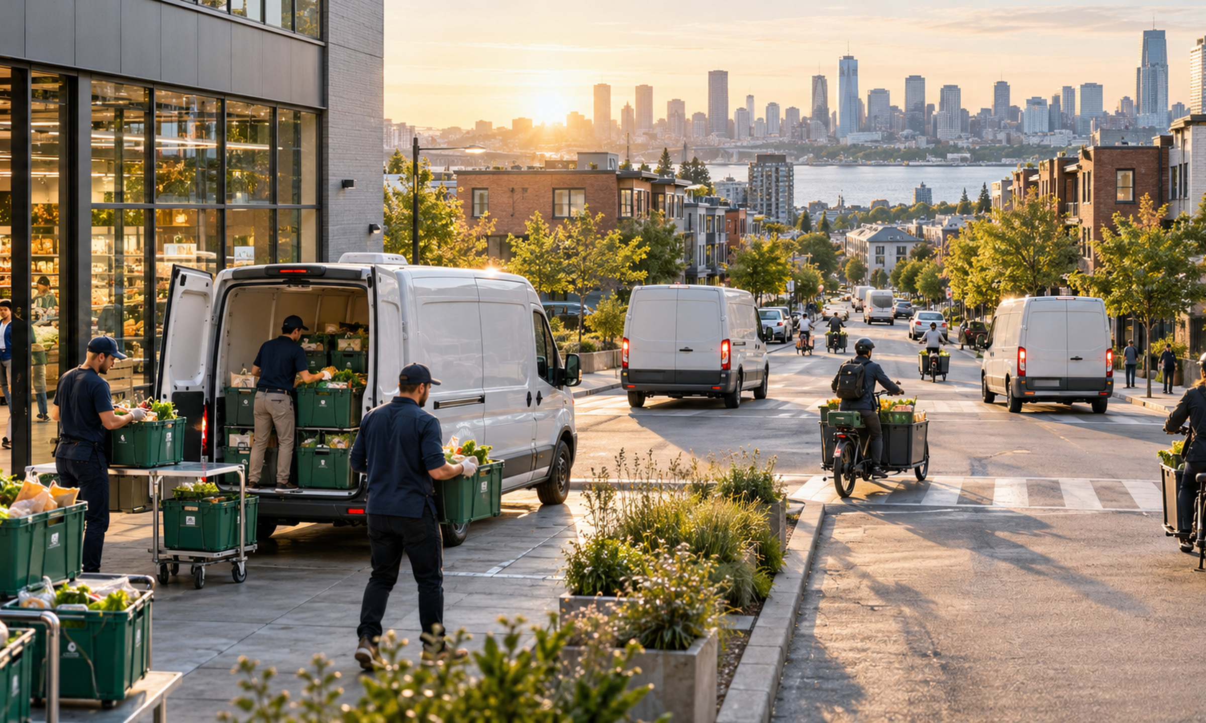Workers load reusable grocery totes into unbranded electric vans while delivery vehicles and a cargo bike leave a retail fulfillment site toward city neighborhoods.