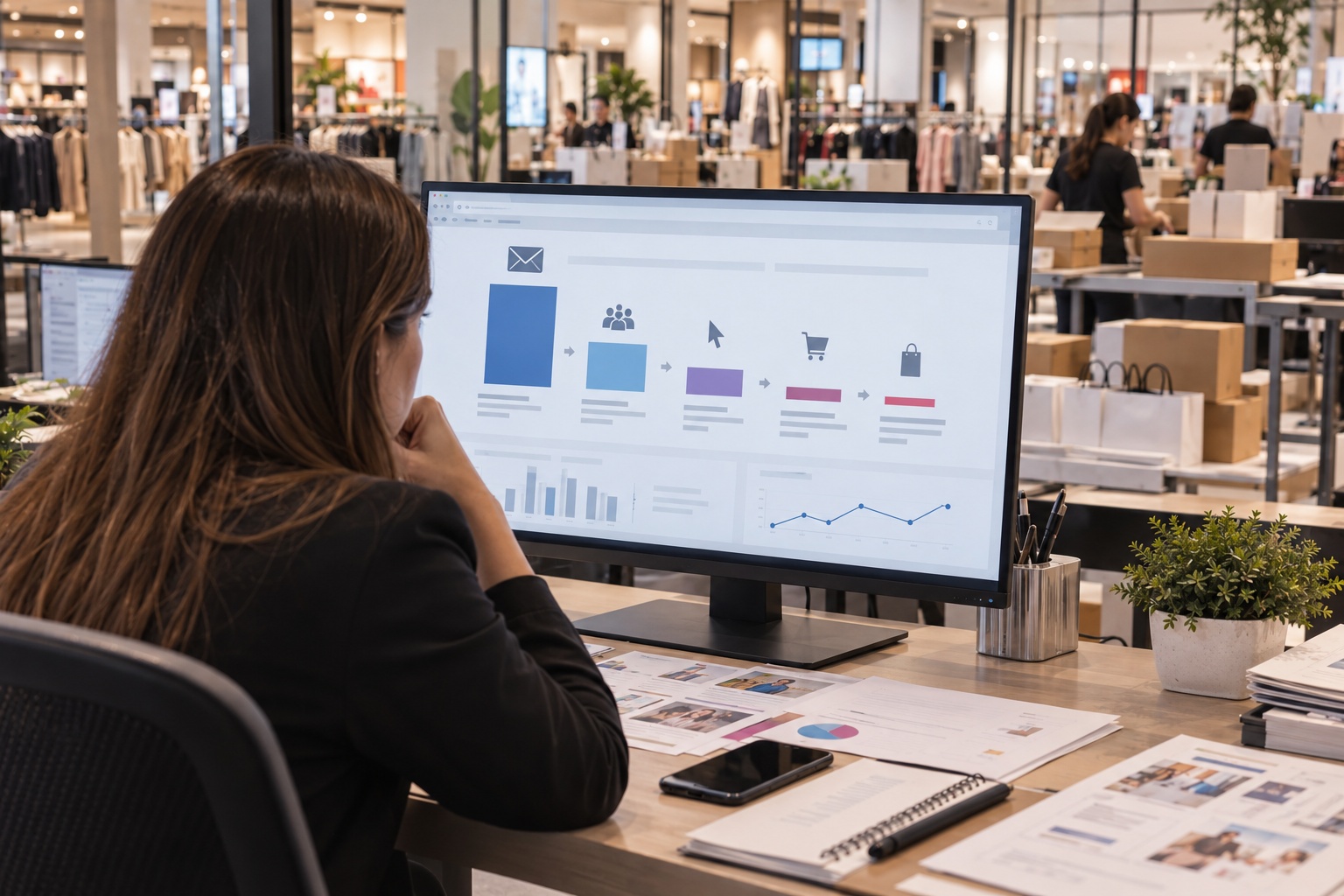 Retail marketing professional reviewing email campaign performance showing broad customer reach but limited engagement and conversion into sales.