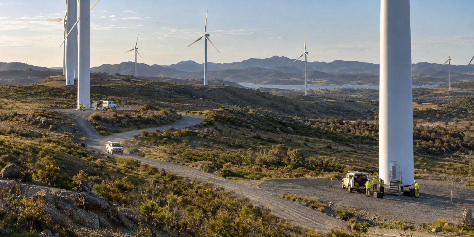 Service vehicles and field teams coordinate maintenance at multiple turbine locations across an onshore wind farm.