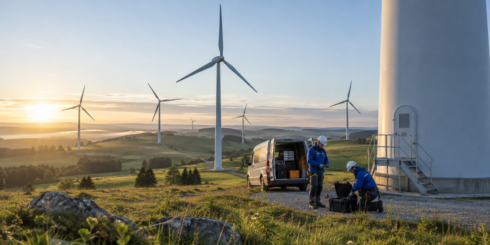 Two wind technicians prepare equipment beside an onshore turbine at sunrise, with a working wind farm extending across the landscape.