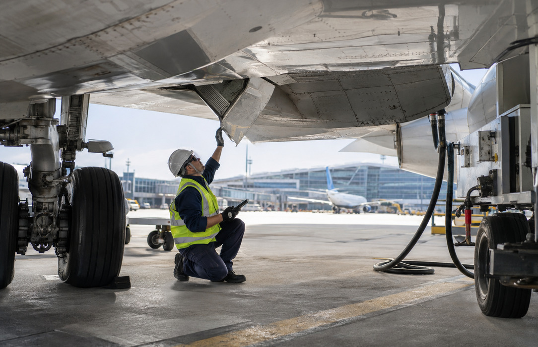 Airport maintenance technician inspects equipment beneath an aircraft wing beside the landing gear on the apron.