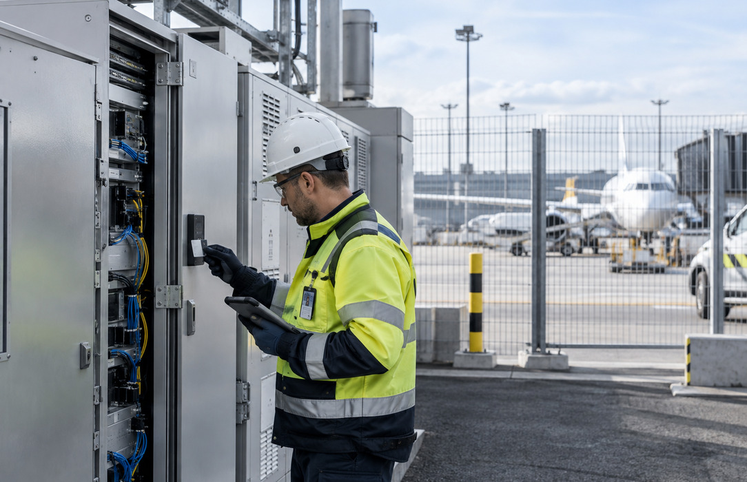 Network technician checks a secured telecommunications cabinet beside a restricted airport apron with aircraft in the background.