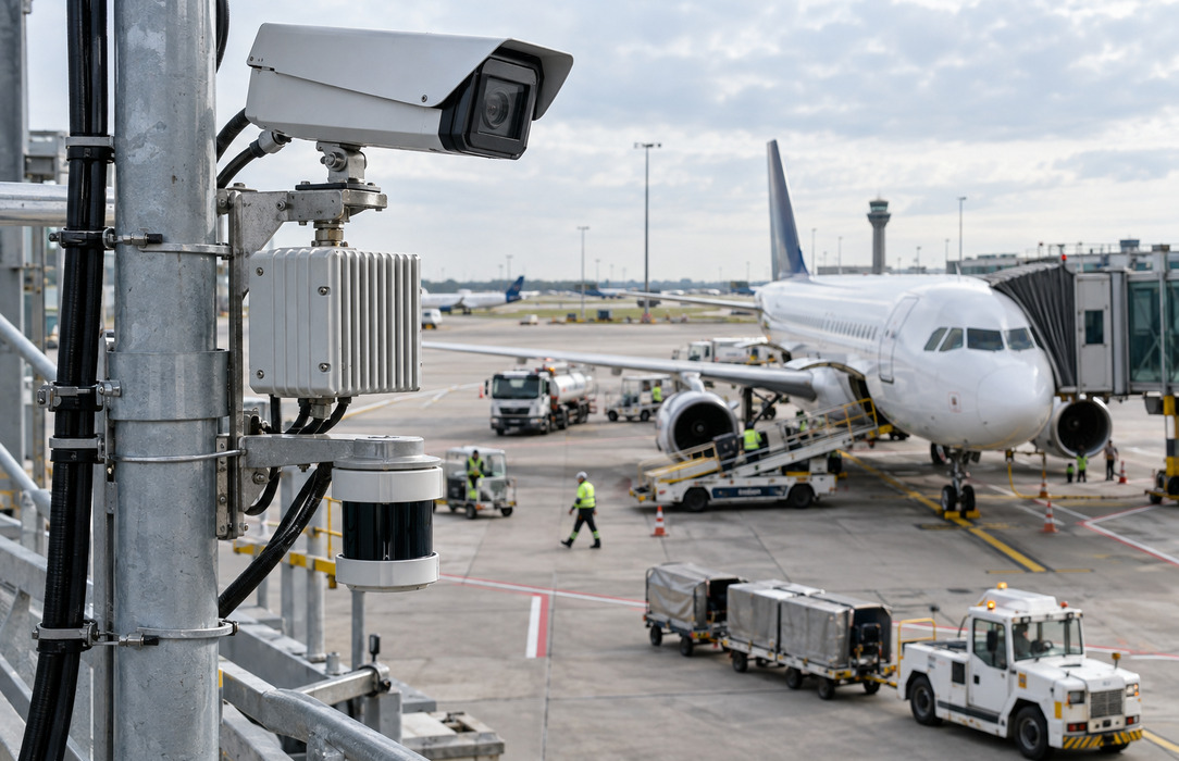 Mounted camera and sensor equipment overlook an active airport apron with aircraft, ground crews and service vehicles.
