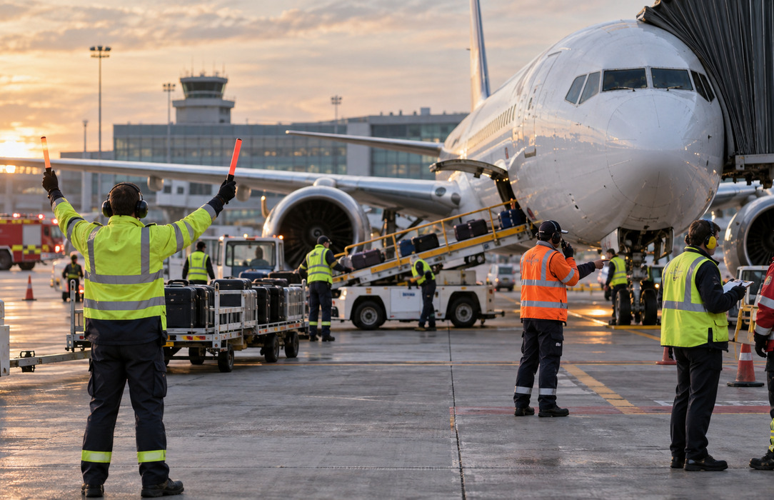 Ground crews and safety personnel coordinate around a passenger aircraft during an evening turnaround at the terminal.