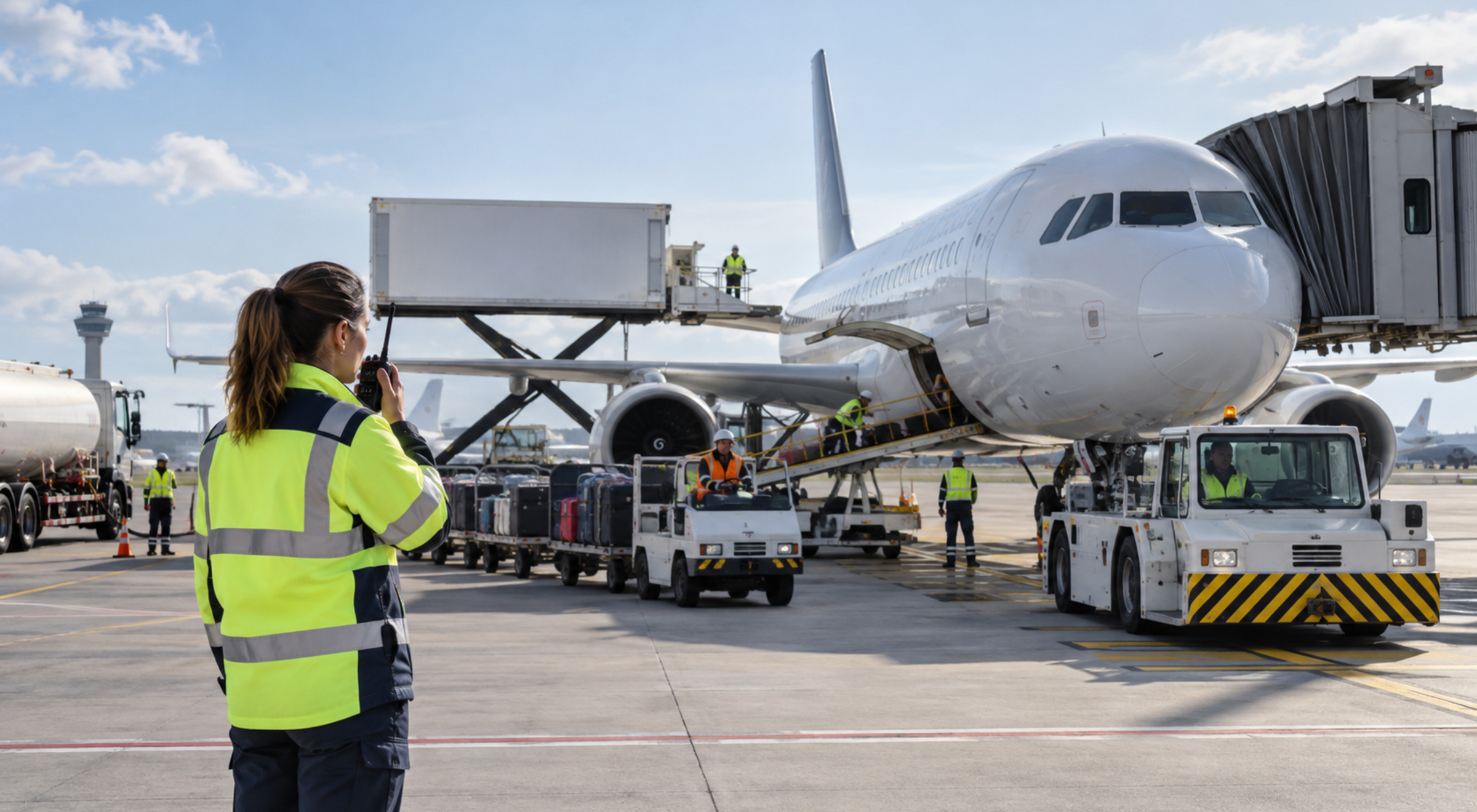 Airport operations coordinator communicates with ground teams during an active aircraft turnaround with service vehicles on the apron.