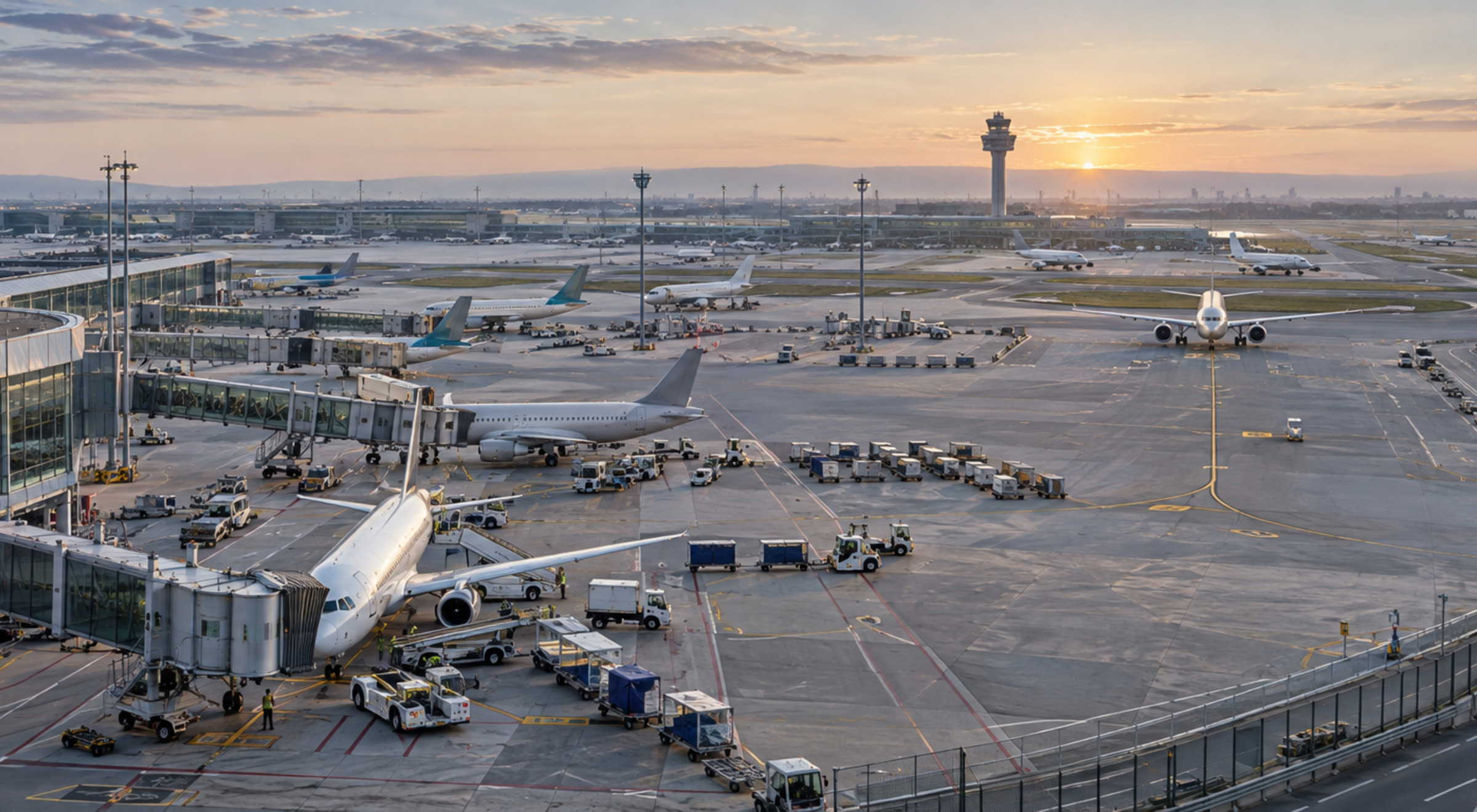 Elevated view across a major international airport, with aircraft, terminal piers, service roads and ground vehicles spread across the apron.