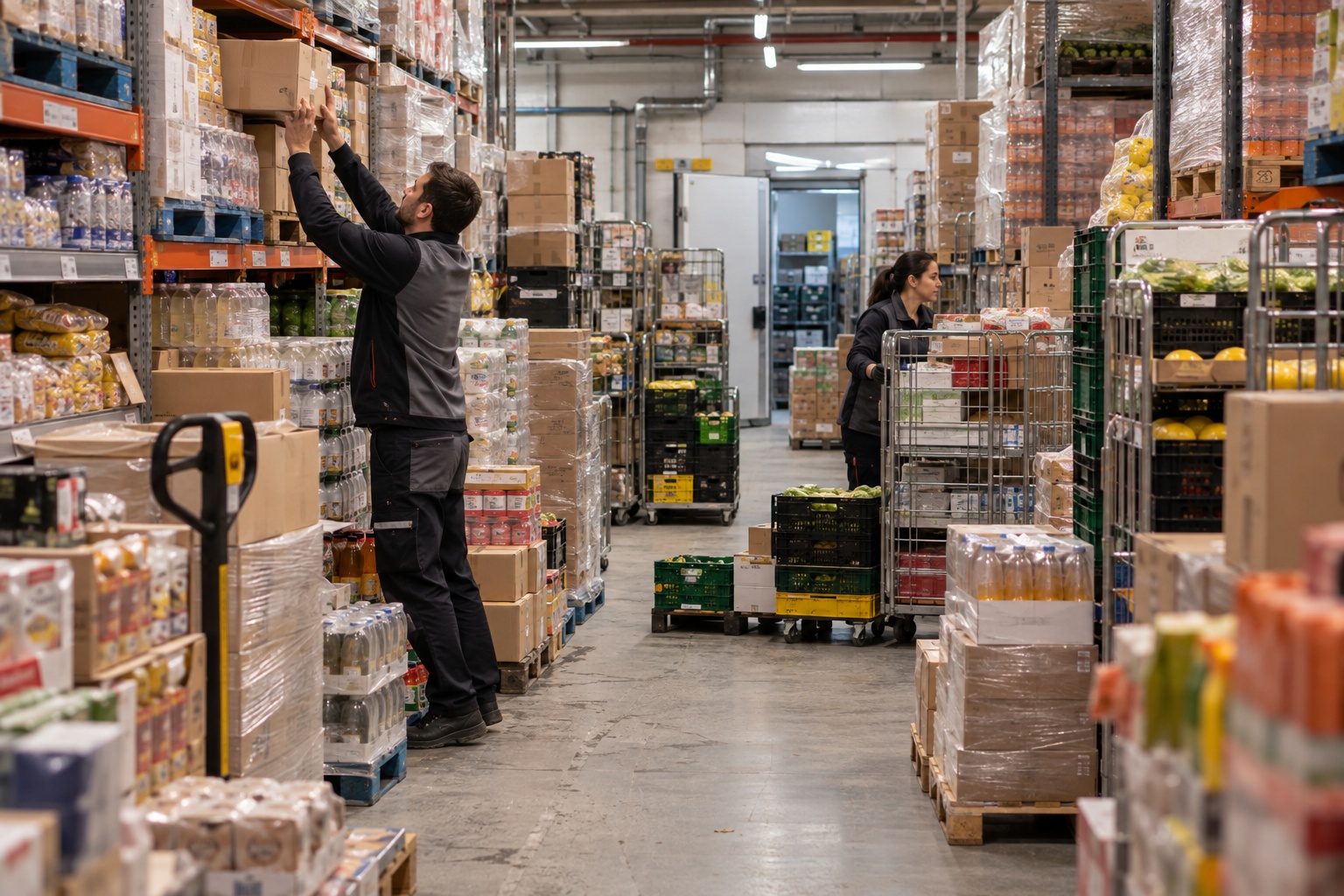 Grocery store employees working around excess inventory in an overcrowded back-room warehouse, where surplus stock takes up space and increases the risk of waste.