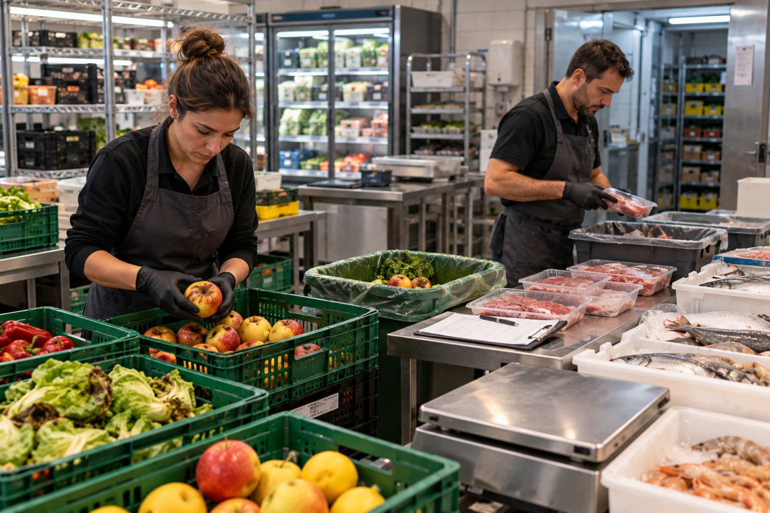 Grocery employees sorting unsellable fruit, meat and fish in a fresh-food back room, showing how shrink in perishable categories reduces saleable stock and margins.