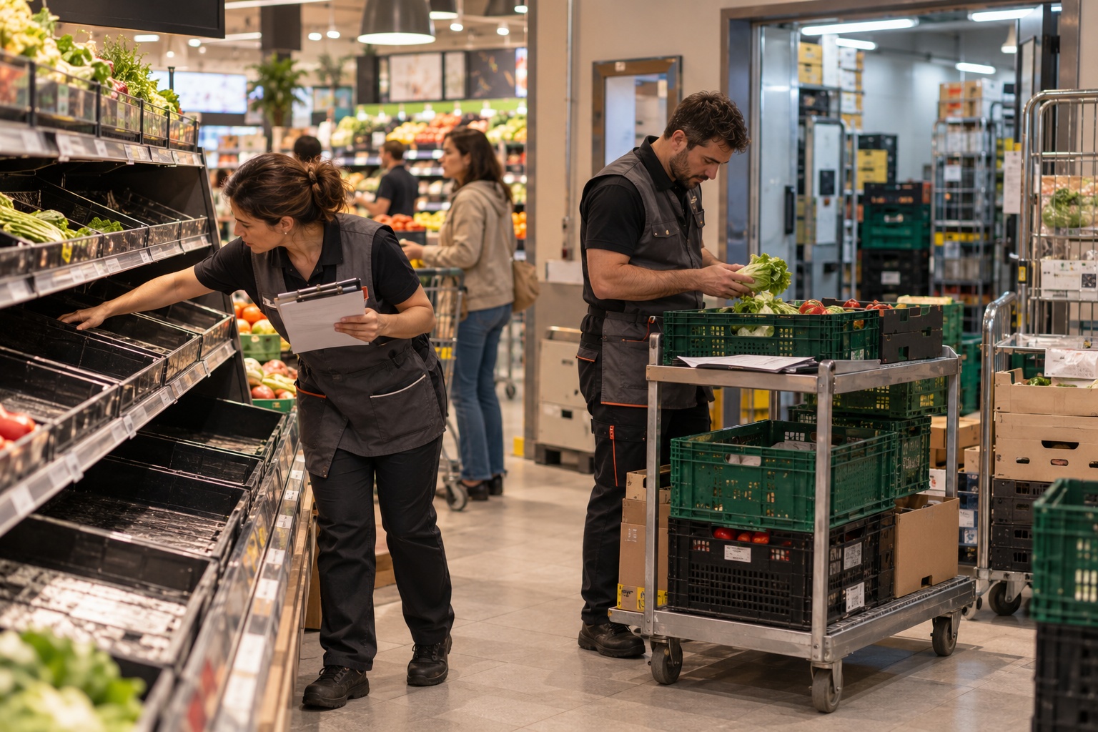 Grocery store employees resolving recurring stock and fresh-area operational issues that interrupt daily routines and consume frontline time.