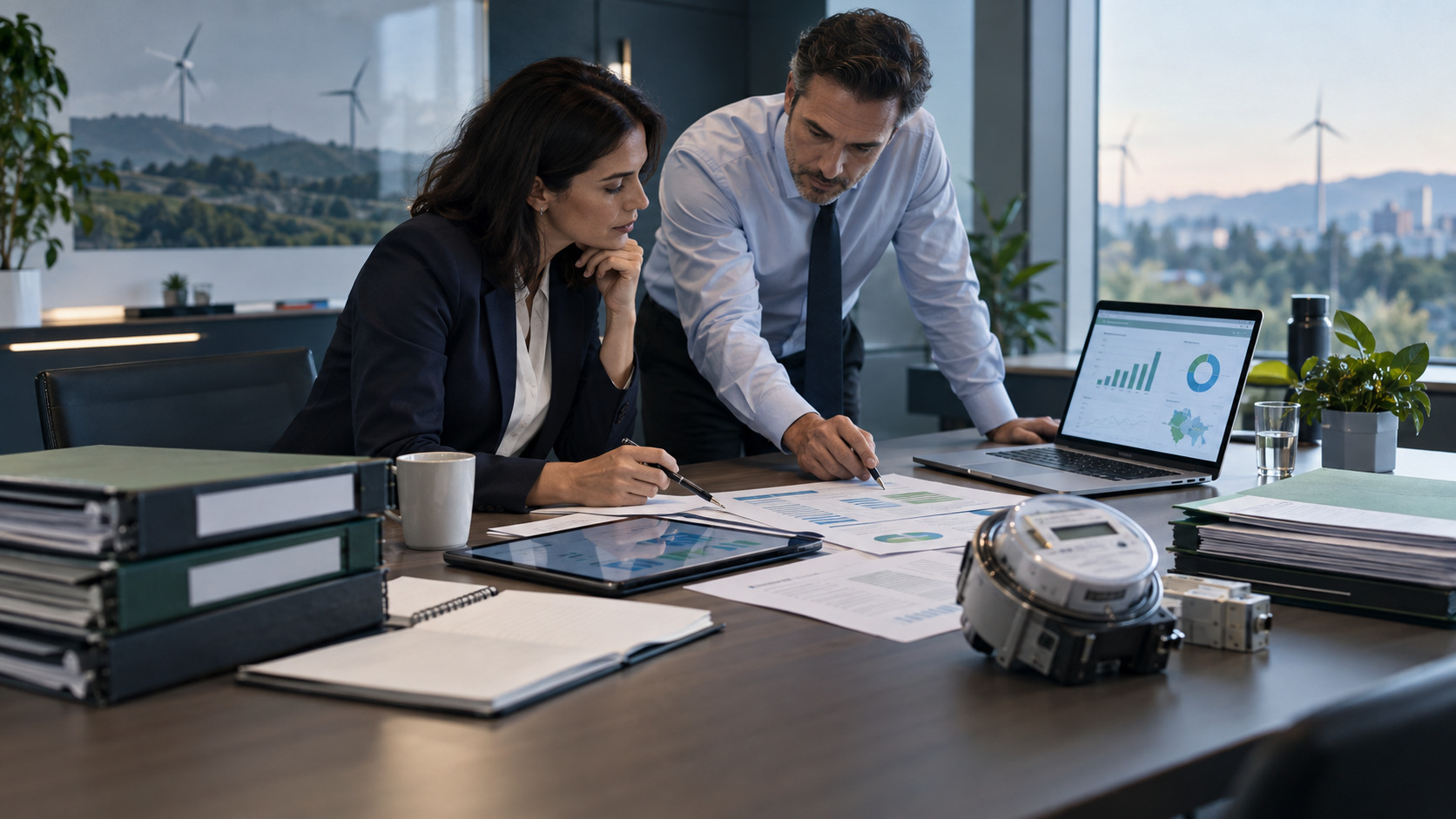 Analysts reviewing varied customer, interaction and consumption data sources in a utility office.