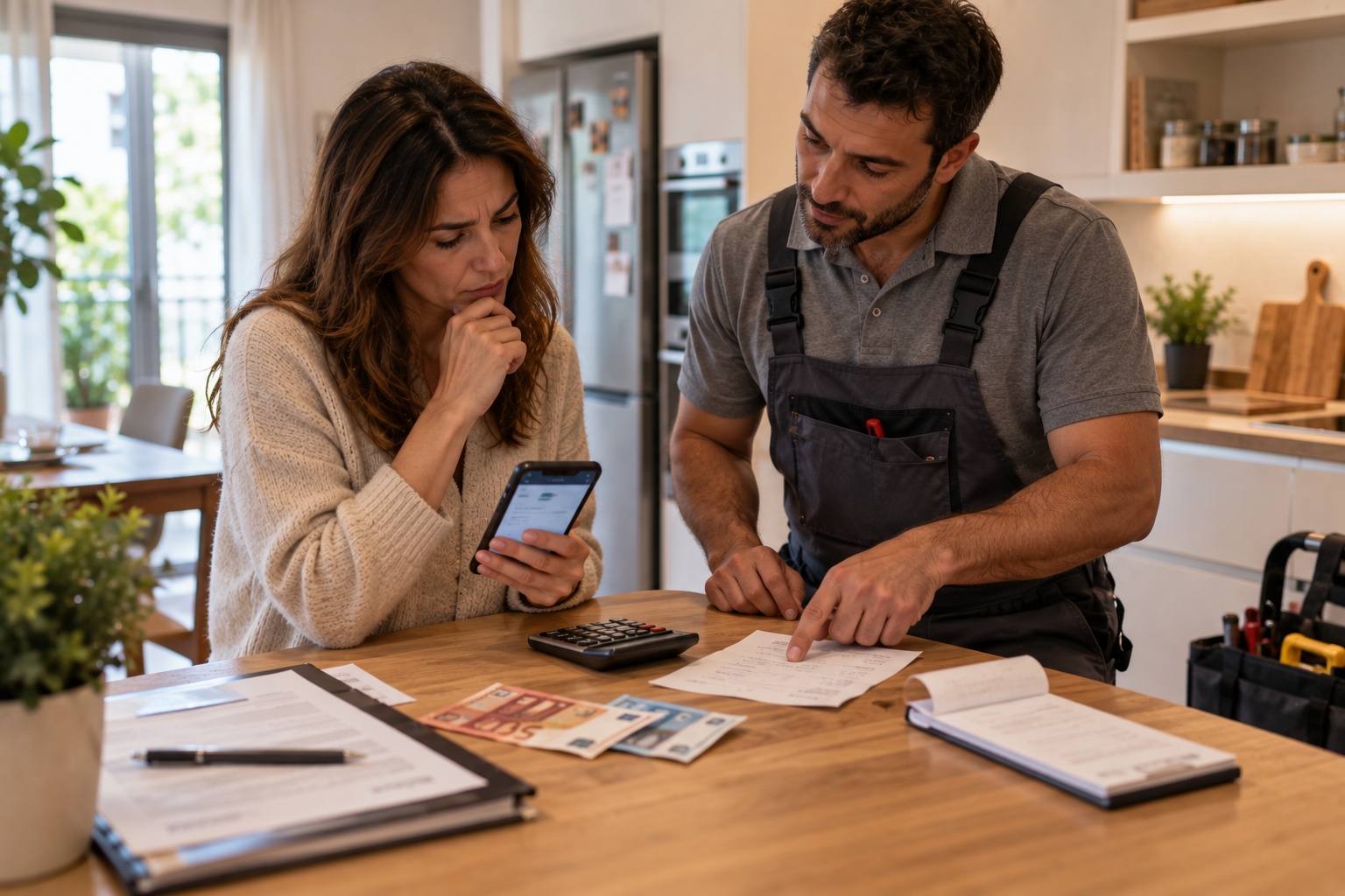 Homeowner reviewing an informal service payment with a professional, highlighting uncertainty around agreed prices and the lack of a traceable transaction record.