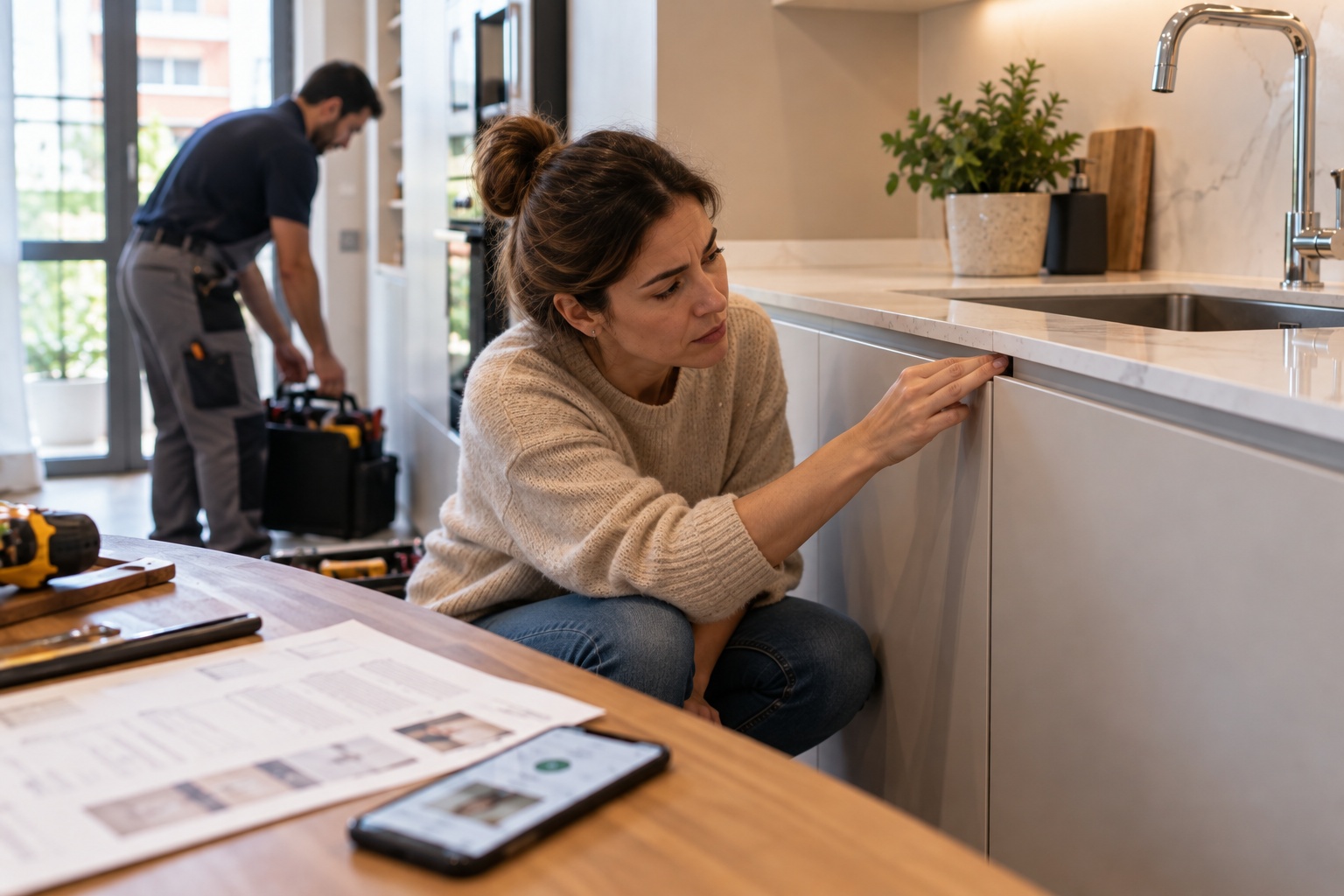 Homeowner inspecting recently completed home-improvement work with uncertainty about its quality and the lack of a clear workmanship guarantee.