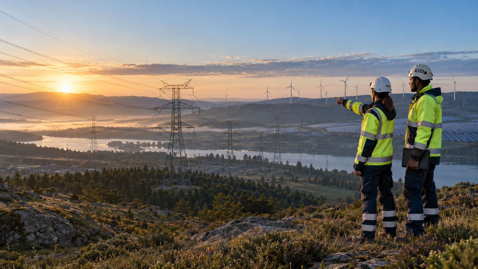 Two utility field workers overlook a transmission corridor, wind turbines and solar arrays at sunrise, connecting human judgment with a future-ready energy system.