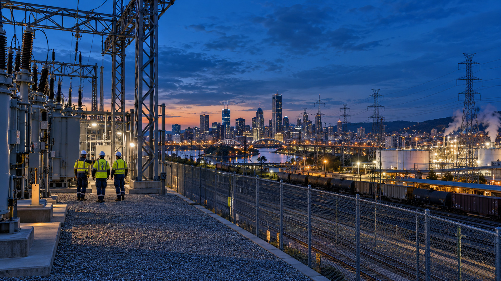 A utility crew completes a walkdown inside an active electrical substation at blue hour, with a fully powered city and transmission network beyond.