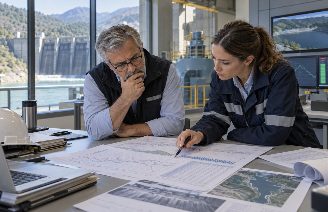A hydropower planner and engineer compare forecast curves and generation records inside a hydroelectric operations environment.