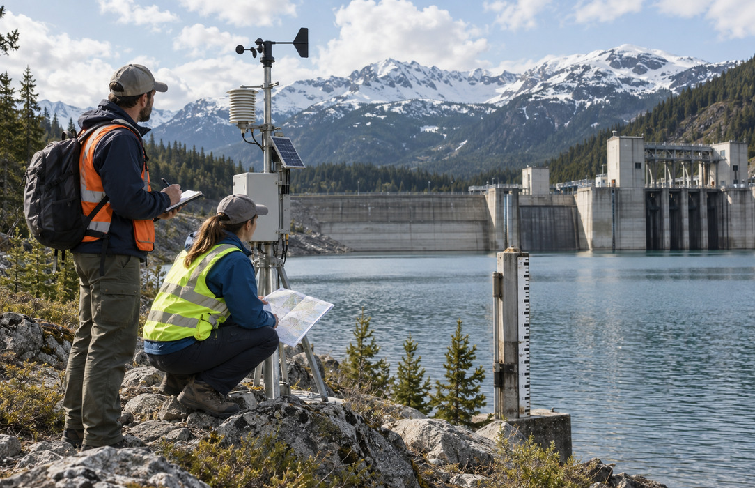 Hydropower specialists inspect reservoir level and weather measurement equipment near a dam and mountain snowpack