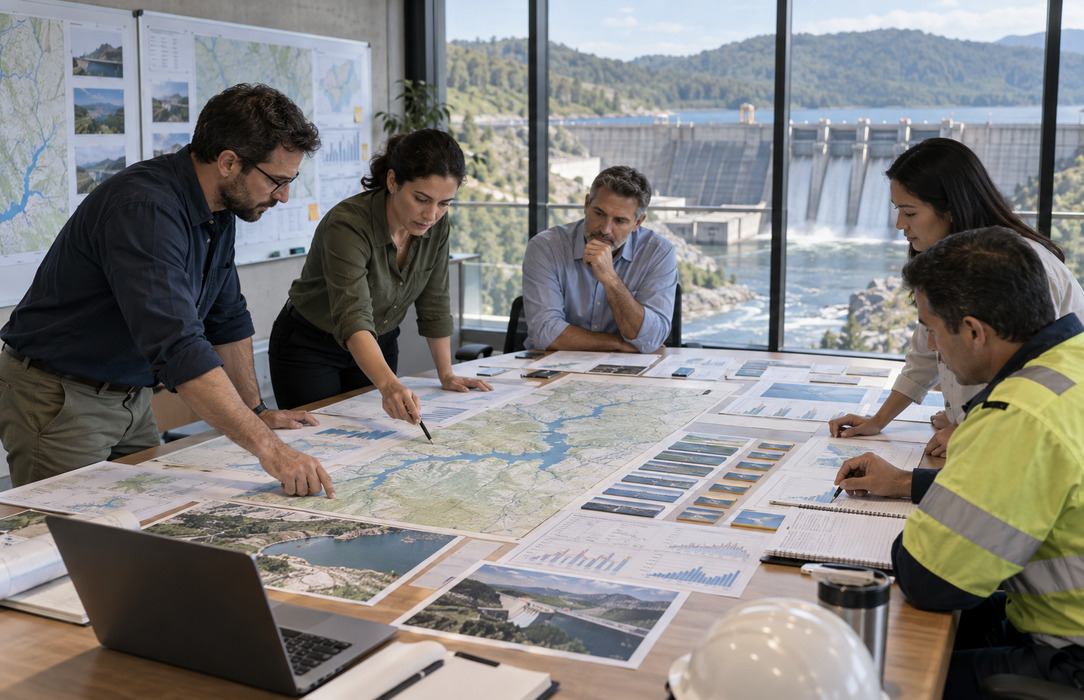 A utilities planning team organizes basin maps, reservoir diagrams and generation schedules for hydropower forecasting.