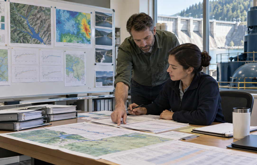 Hydropower planners update structured scenario materials and hydrological assumptions in an operations planning workspace.