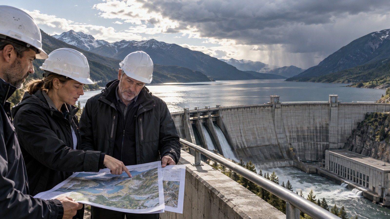 Hydropower planners review reservoir and rainfall information beside a hydroelectric dam in a mountain renewable energy setting.
