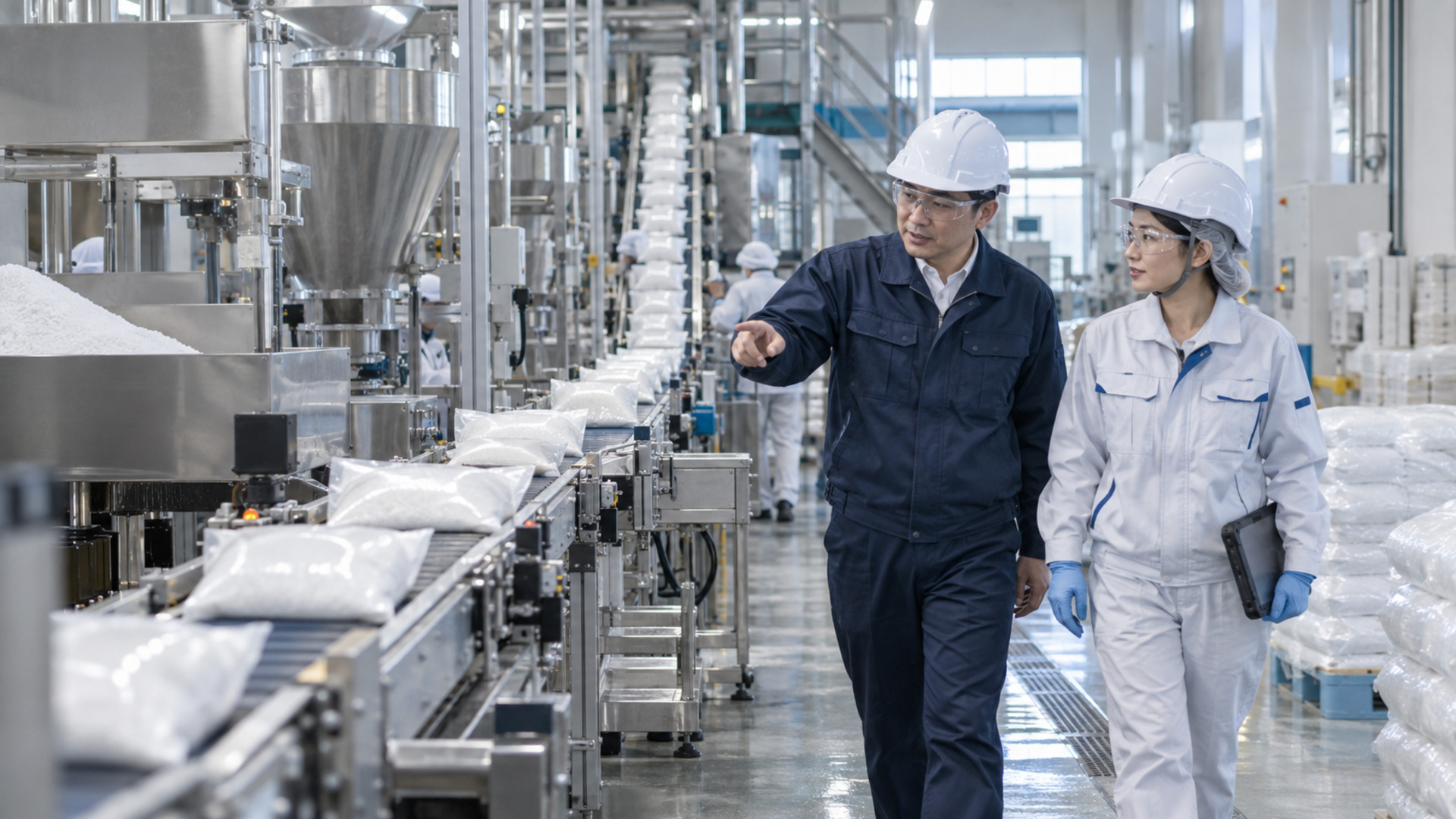 Two salt factory employees walk beside an active packaging line with filled salt bags, showing coordinated production and maintenance.