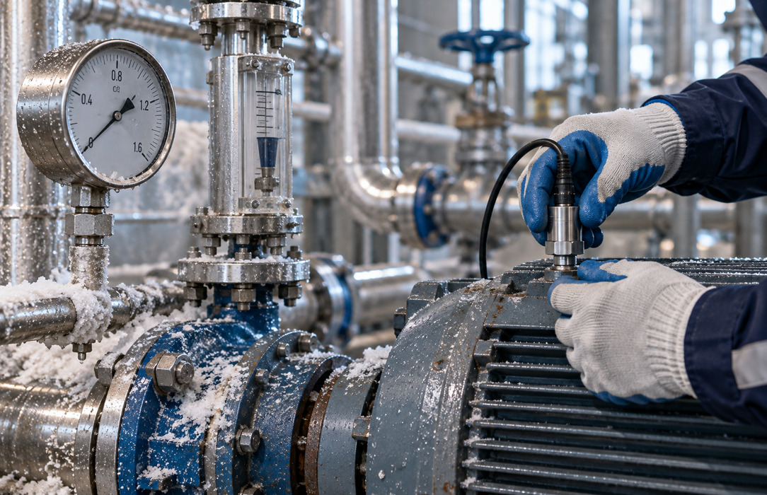 Gloved technician installing a vibration sensor on a salt-dusted motor beside pressure and flow instruments.