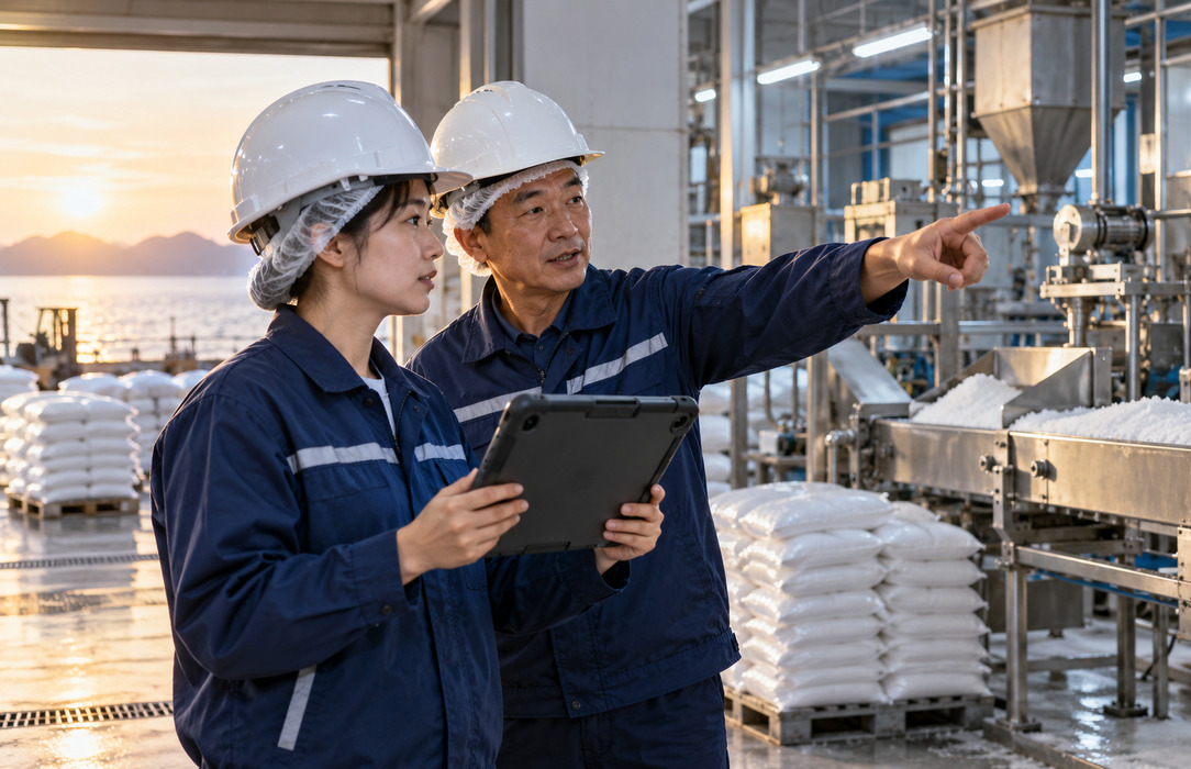 Two salt production workers coordinate beside the processing line while one holds a rugged tablet during shift handover.