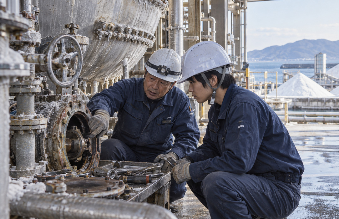 Experienced technician guides a younger colleague through hands-on maintenance beside a salt crystallizer and coastal process equipment.