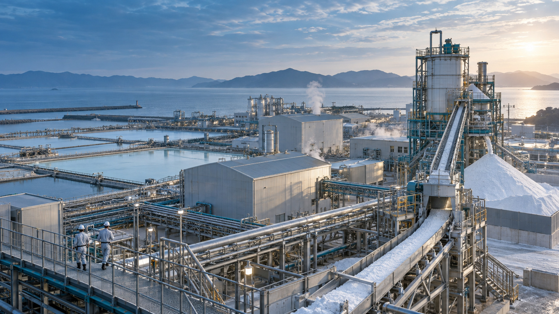 Wide view of a coastal Japanese salt production plant with brine ponds, process buildings, pipework and salt piles beside the sea.