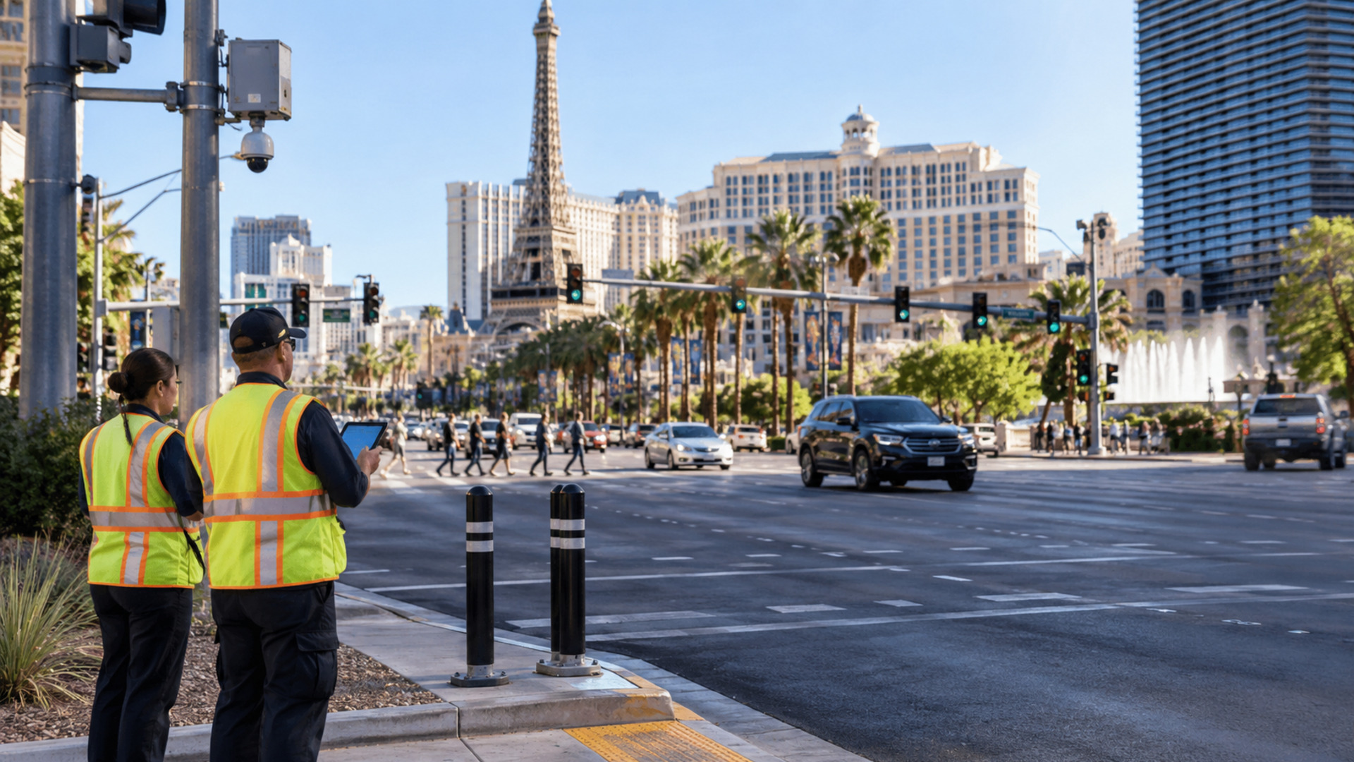 A Las Vegas intersection with traffic lights, lane markings and municipal staff, showing how smart city insight supports safer urban mobility