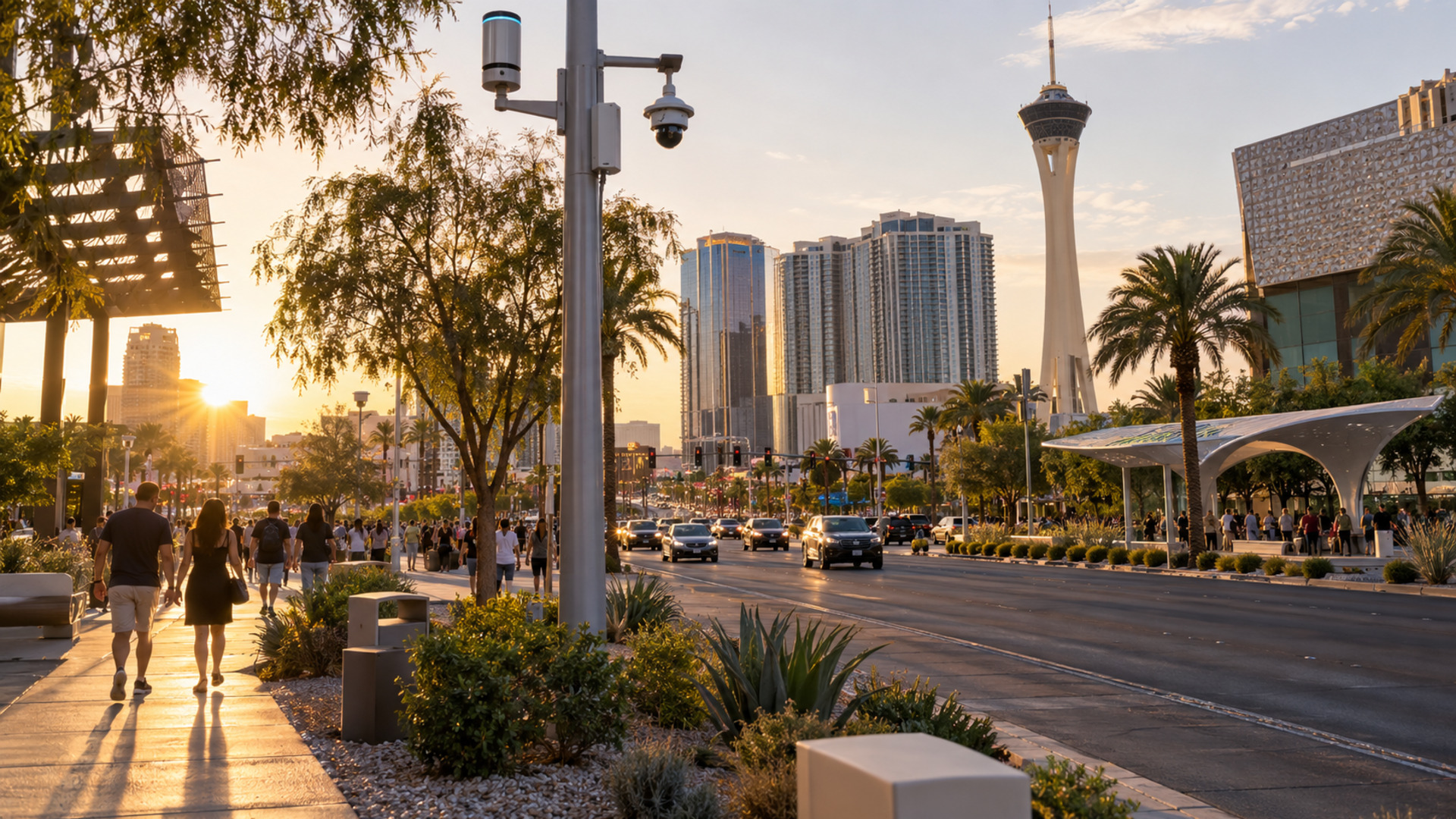 A Las Vegas civic streetscape with public spaces, road infrastructure and discreet sensors representing a connected smart city environment