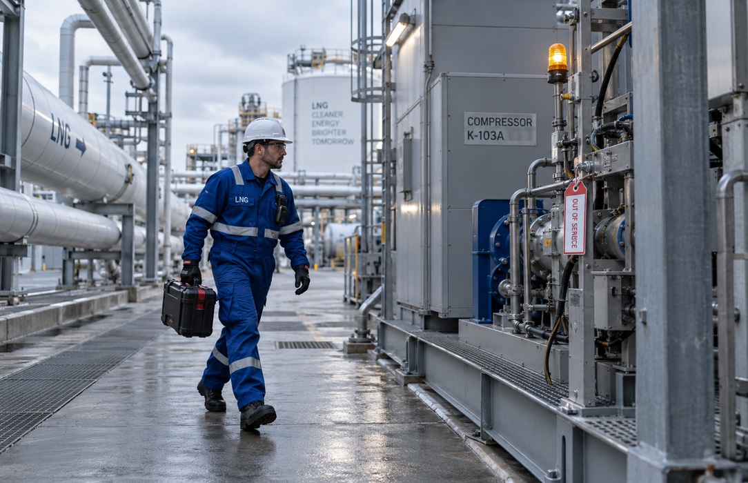 Maintenance technician approaches a compressor area in an LNG plant after an equipment alert.