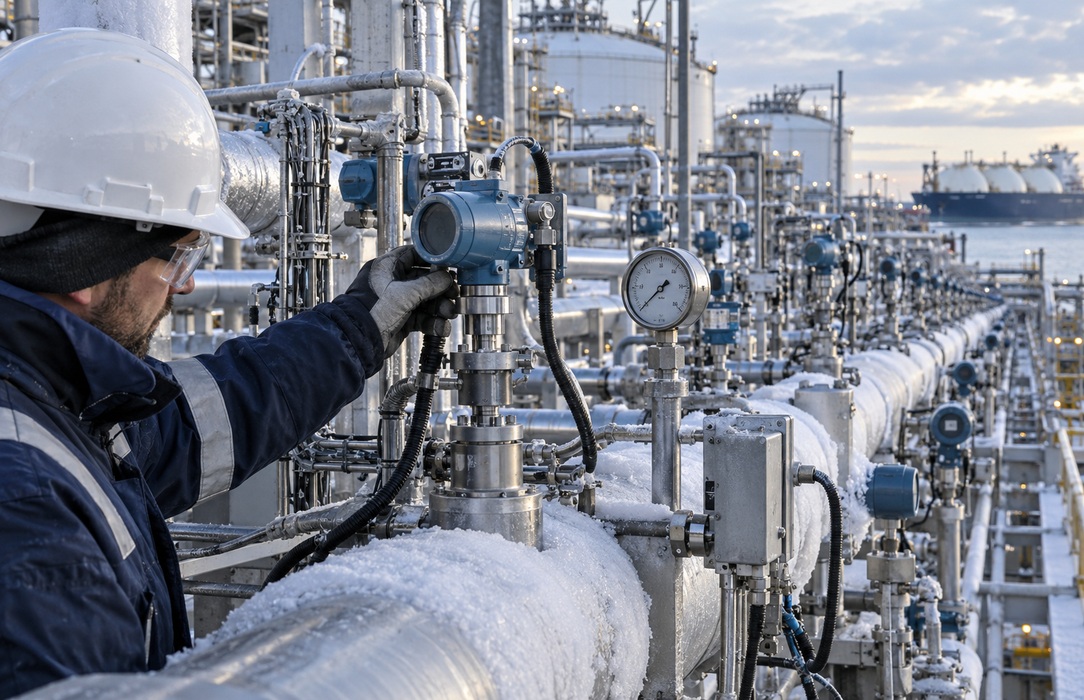 Instrumentation engineer inspects pressure and temperature sensors along a frost-covered LNG process line.