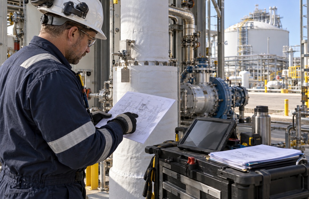 LNG maintenance planner compares a paper equipment diagram with a rugged field computer beside process equipment.