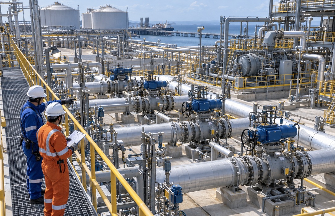 Two engineers review multiple LNG valve trains from an elevated walkway to prioritize maintenance work.